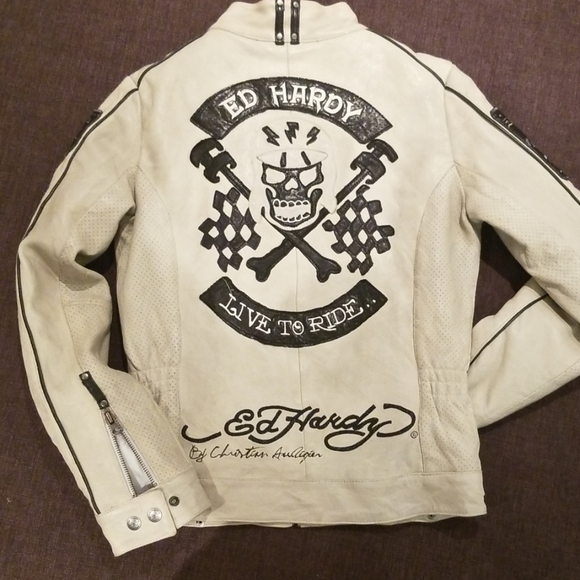 Ed Hardy Genuine Leather Biker Jacket - Picture 2 of 8